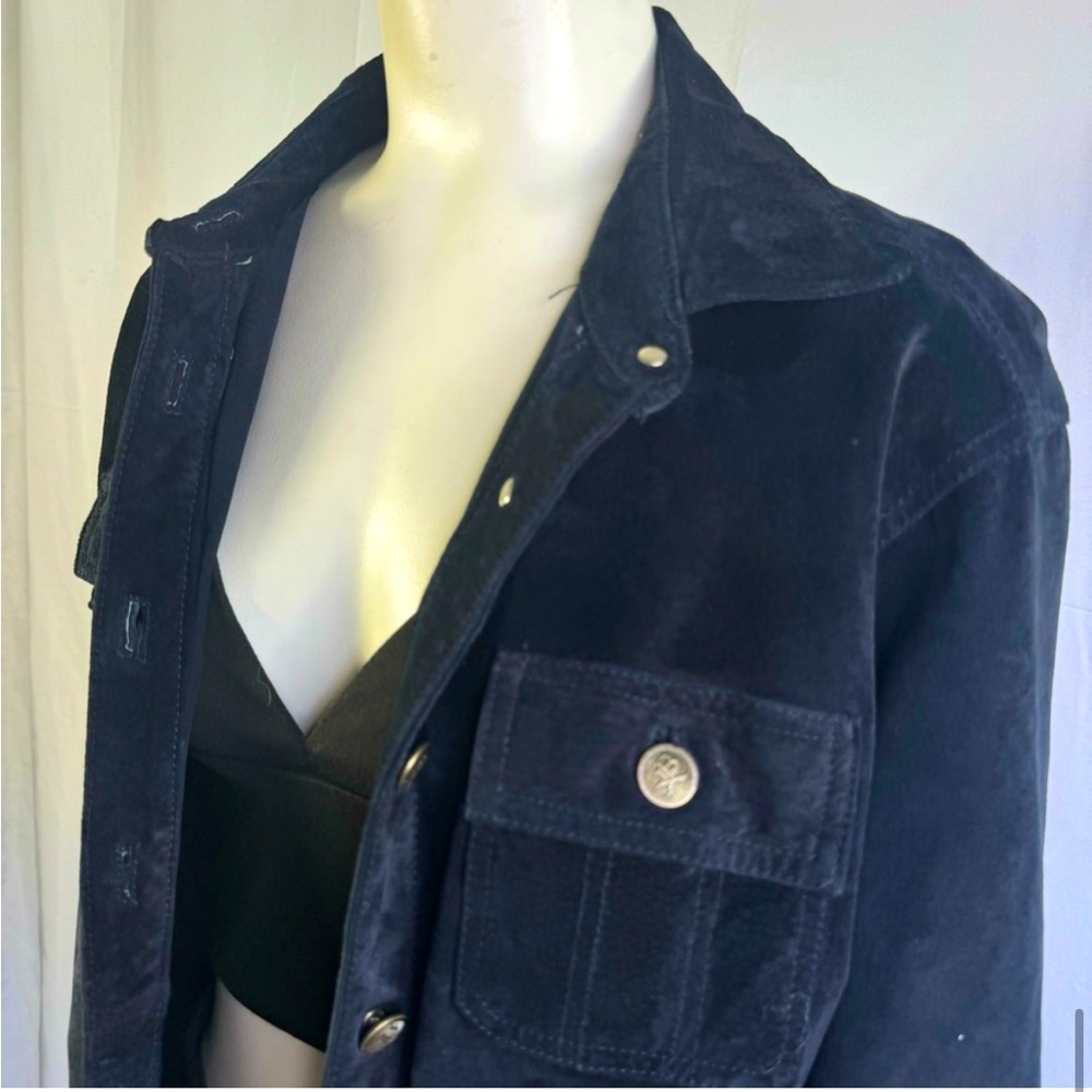 IB EXCHANGE BLUE NAVY LEATHER JACKET BUTTOWN  DOWN SUEDE SHIRT WOMAN SIZE 5